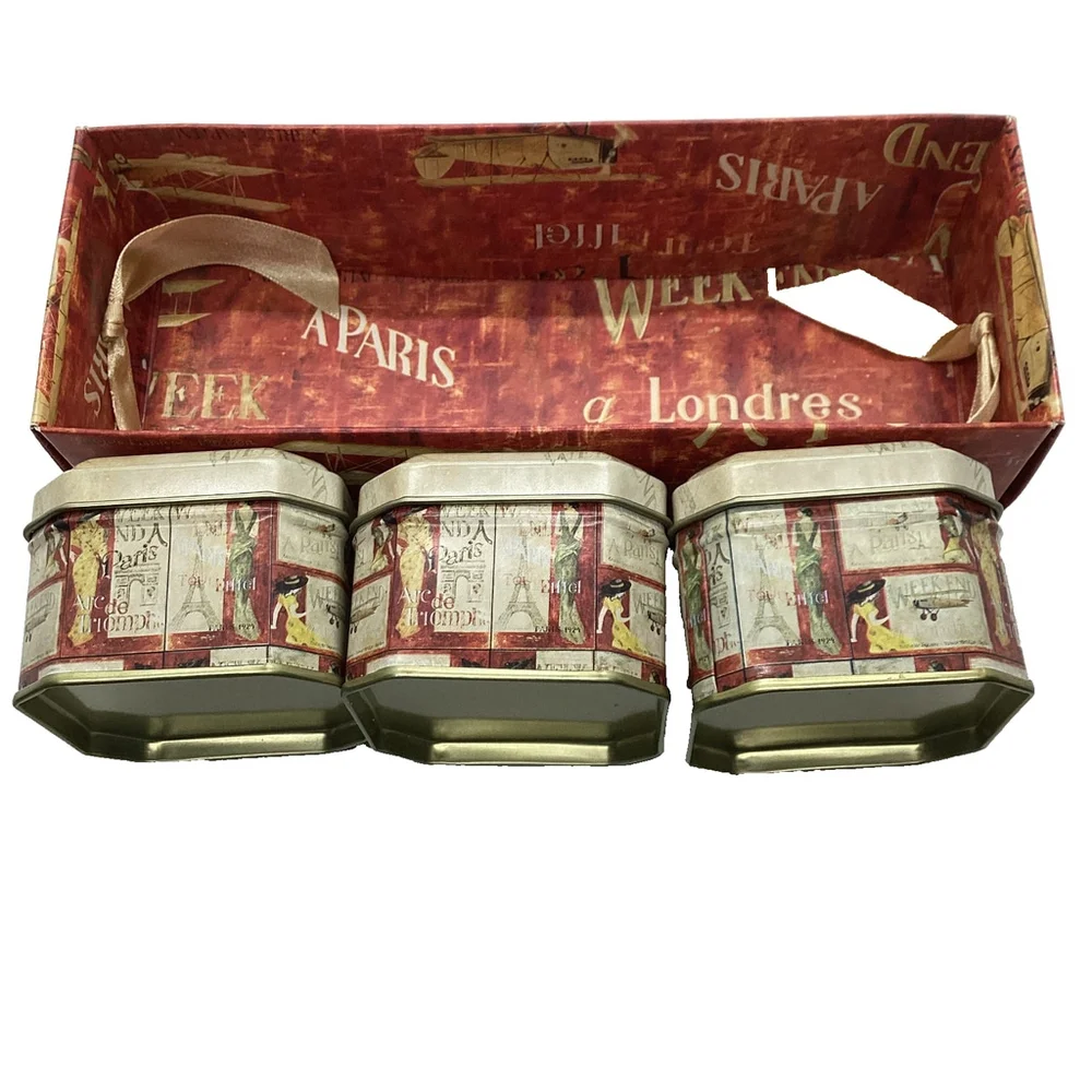 3 Candle Tins Honey Vanilla Vintage Paris Artwork NIB
